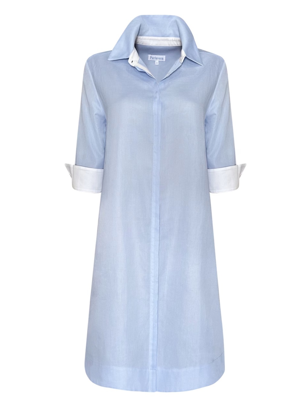 Perlavera Womens Sila Blue White Cotton Shirt Dress Small Contrast Cuffs Coastal